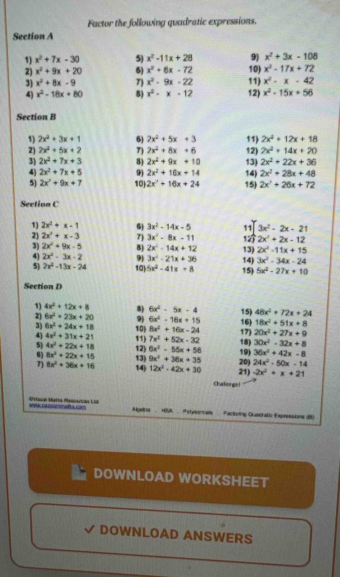factor the following quadratic expressions. section a 1) \\(x^2 + 7x - …