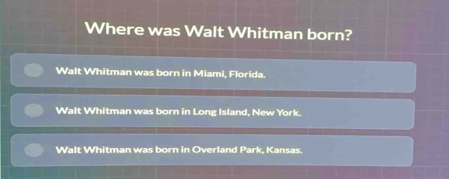 where was walt whitman born? walt whitman was born in miami, florida. w…