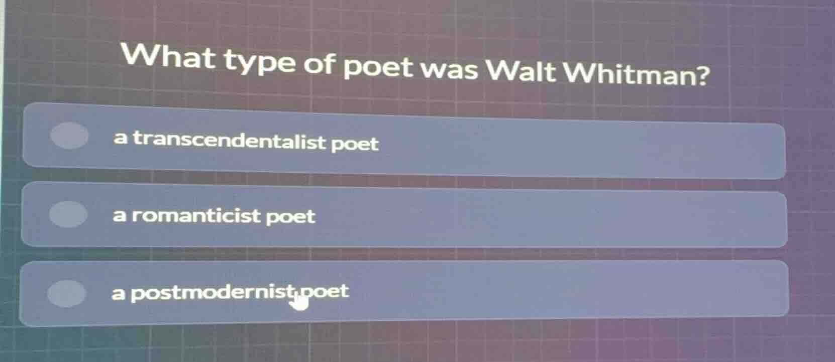 what type of poet was walt whitman? a transcendentalist poet a romantic…
