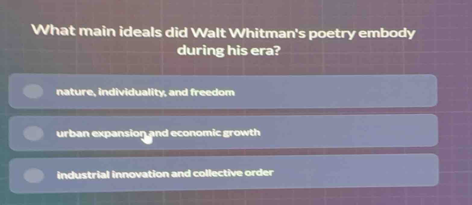 what main ideals did walt whitmans poetry embody during his era? nature…