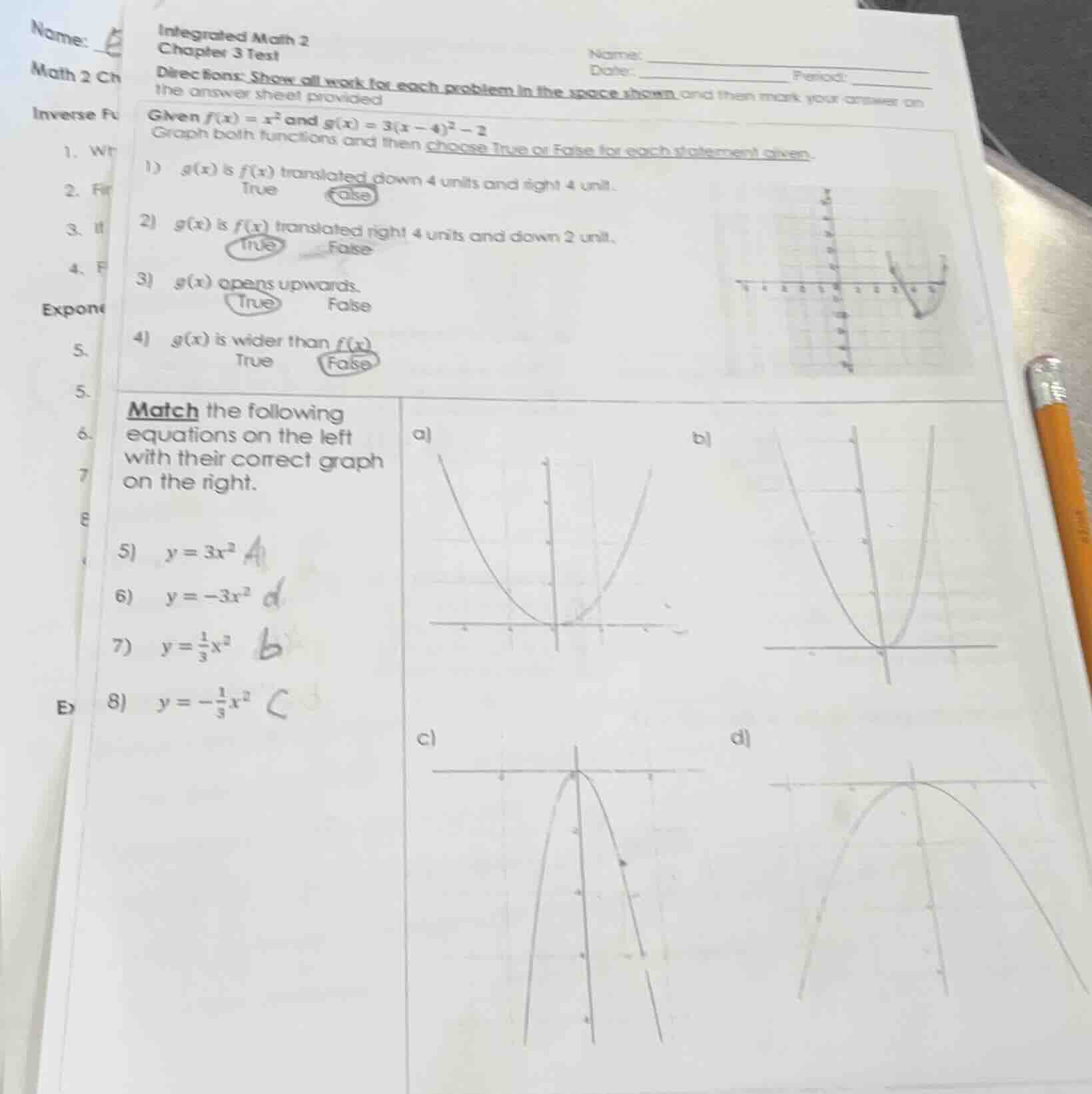 integrated math 2 chapter 3 test name: date: period: directions: show a…