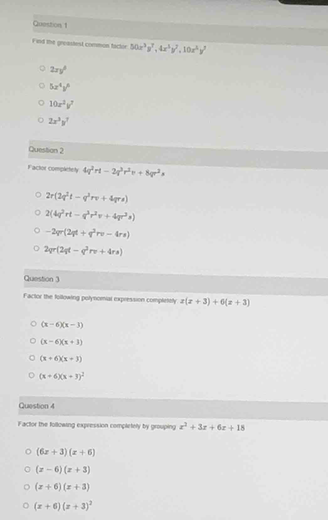 question 1 find the greatest common factor: \\(50x^3y^6, 4x^5y^7, 10x^4…