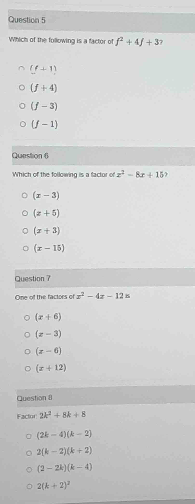 question 5 which of the following is a factor of (f^2 + 4f + 3)? - ((f …