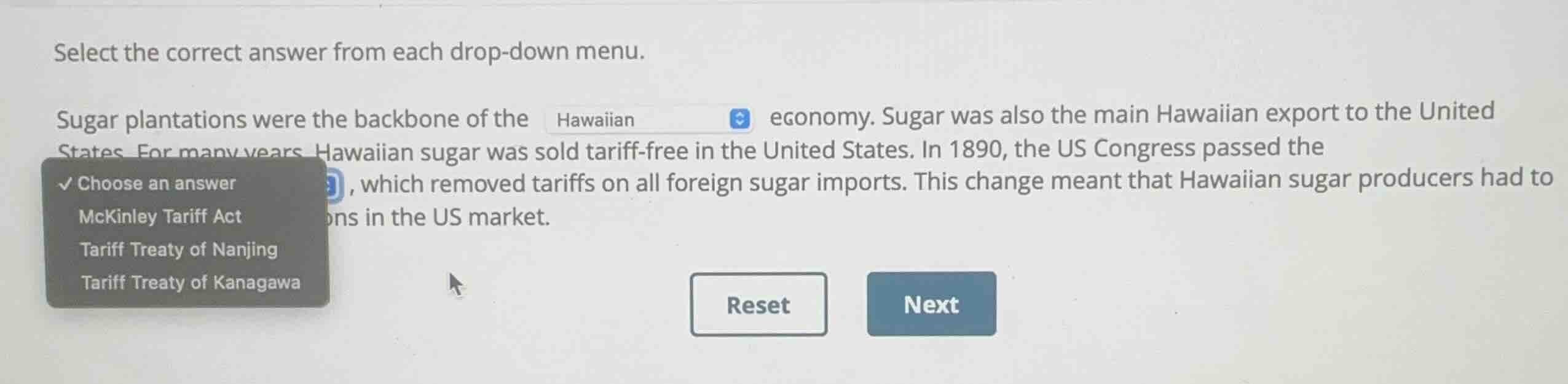 select the correct answer from each drop-down menu. sugar plantations w…