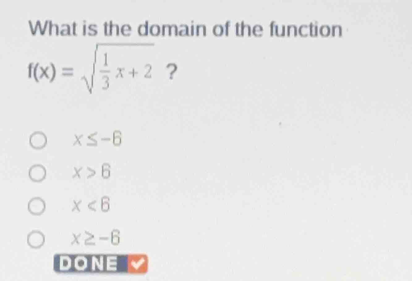 what is the domain of the function \\(f(x) = \\sqrt{\\frac{1}{3}x + 2}\…