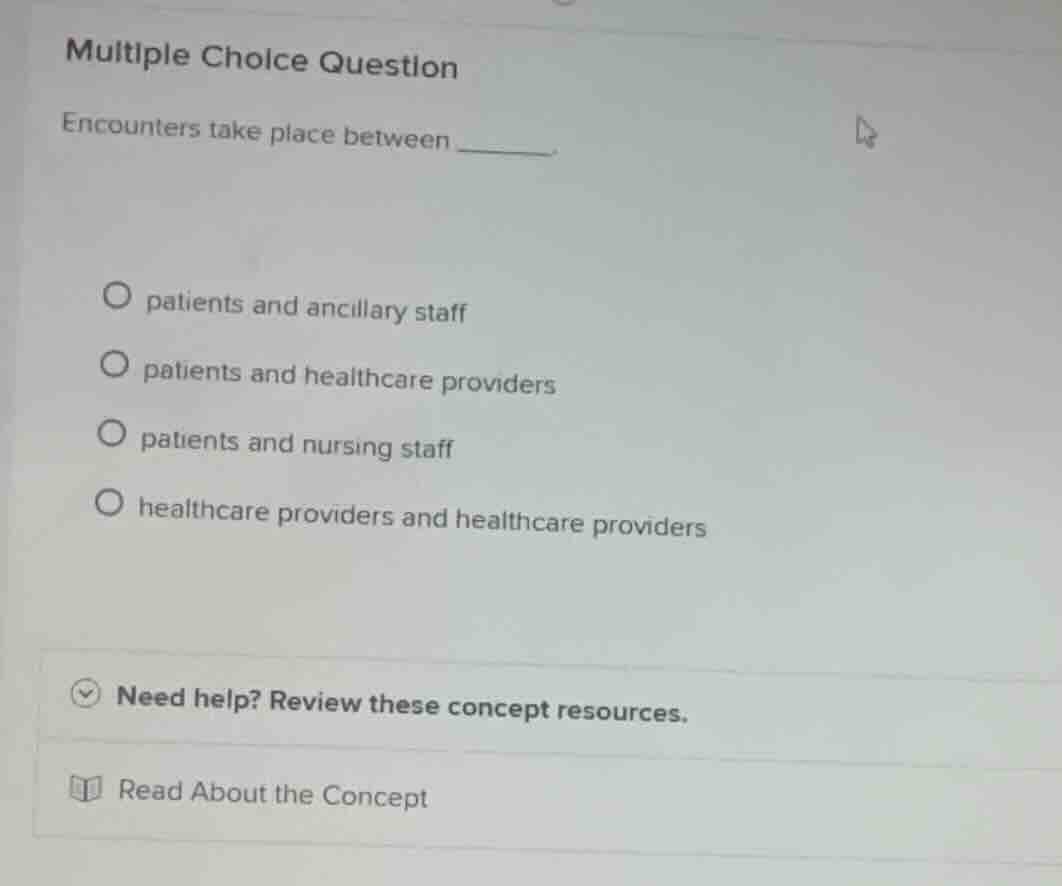 multiple choice question encounters take place between _______ patients…