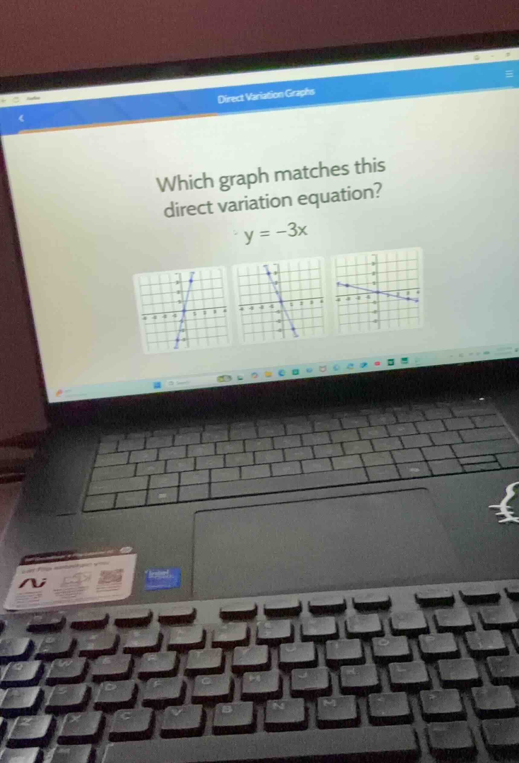 which graph matches this direct variation equation? \\y = -3x\\