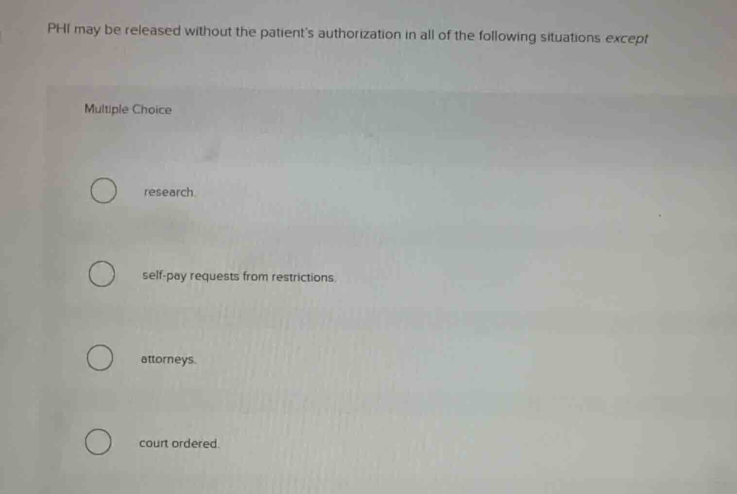 phi may be released without the patients authorization in all of the fo…
