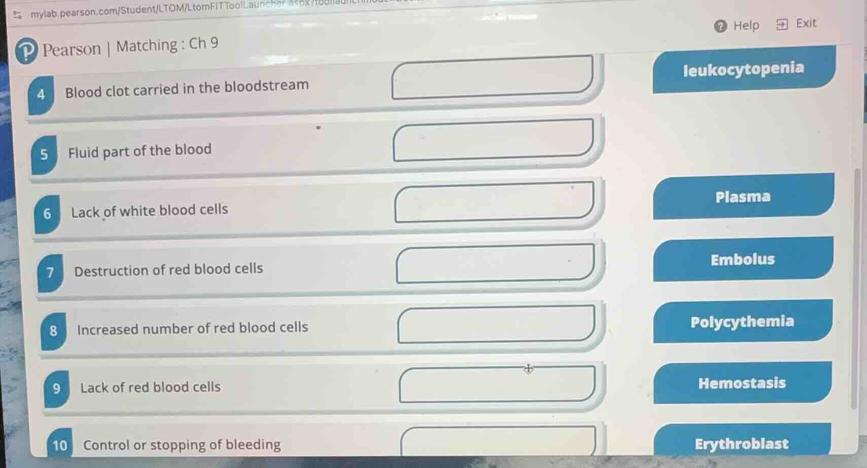 matching: ch 9 4 blood clot carried in the bloodstream 5 fluid part of …