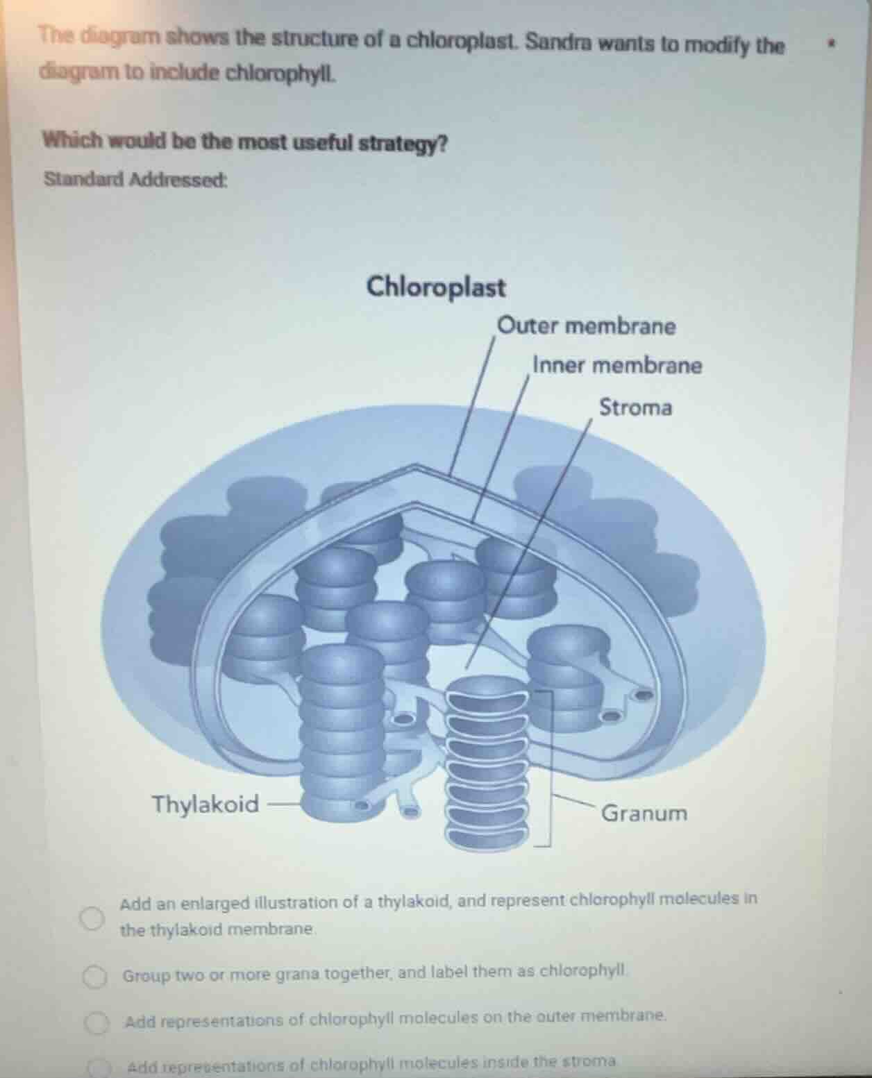 the diagram shows the structure of a chloroplast. sandra wants to modif…
