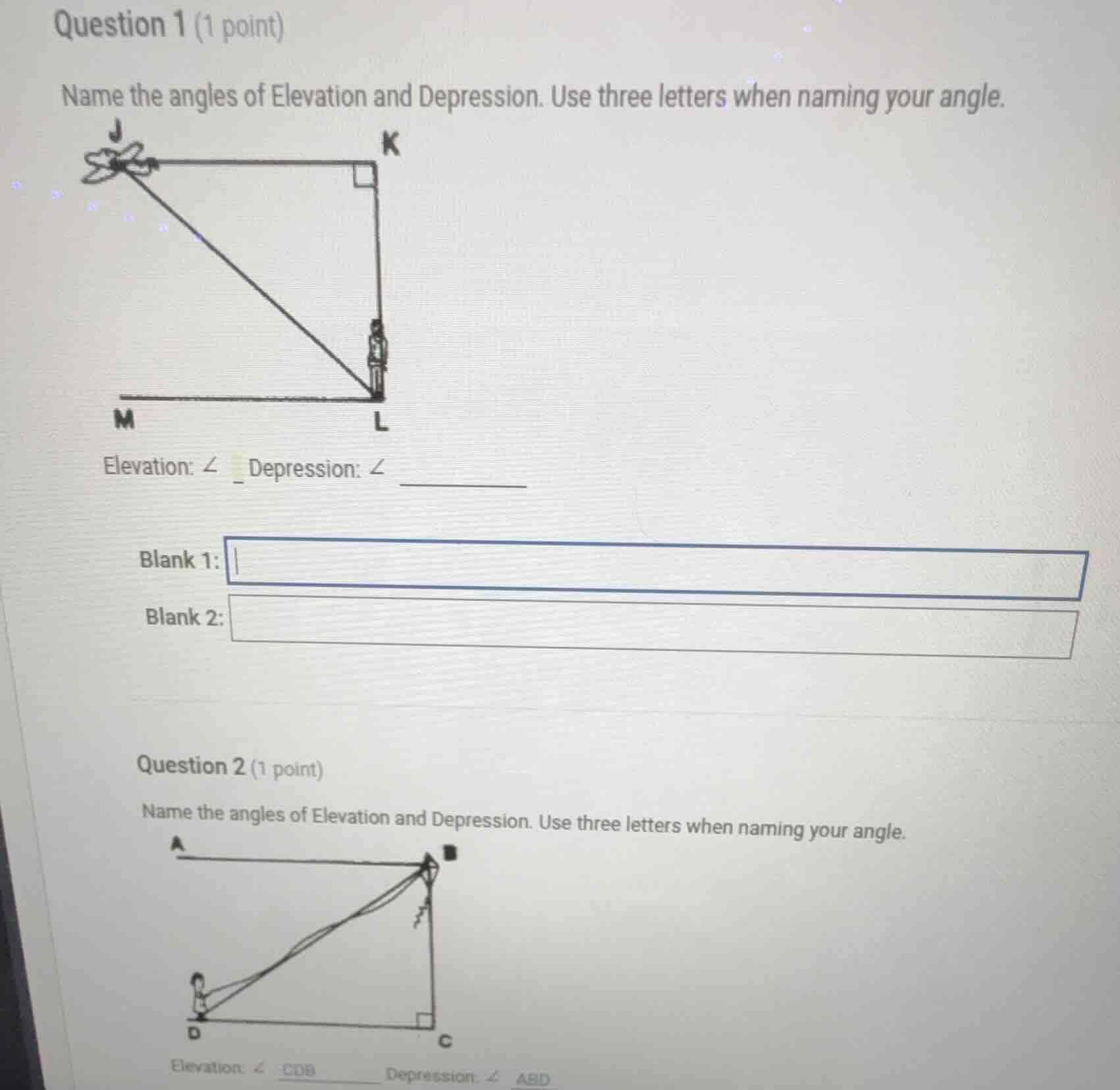 question 1 (1 point) name the angles of elevation and depression. use t…