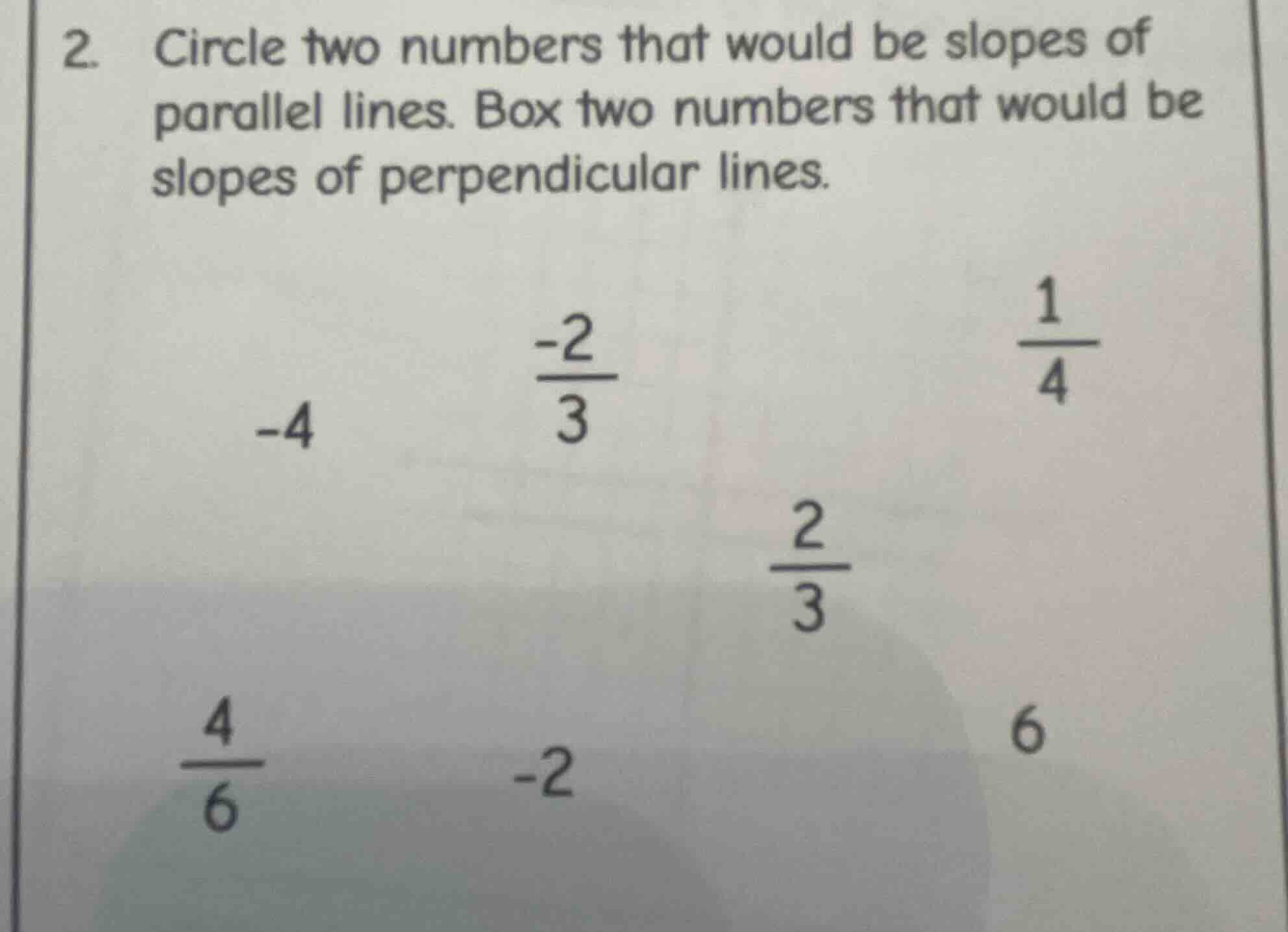 2. circle two numbers that would be slopes of parallel lines. box two n…