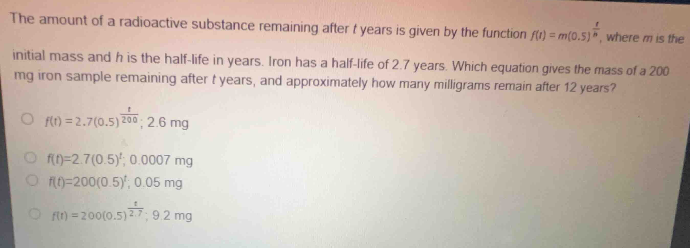 the amount of a radioactive substance remaining after \\(t\\) years is …