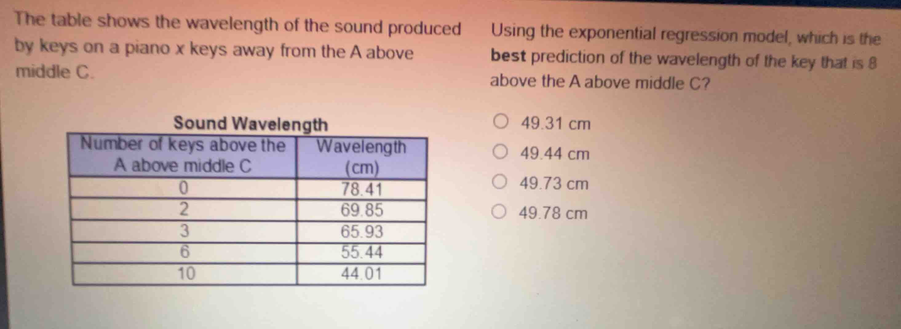 the table shows the wavelength of the sound produced by keys on a piano…