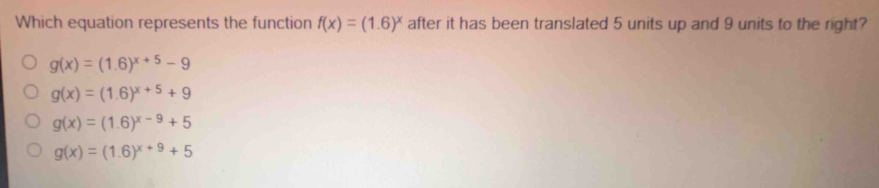 which equation represents the function \\(f(x) = (1.6)^x\\) after it ha…