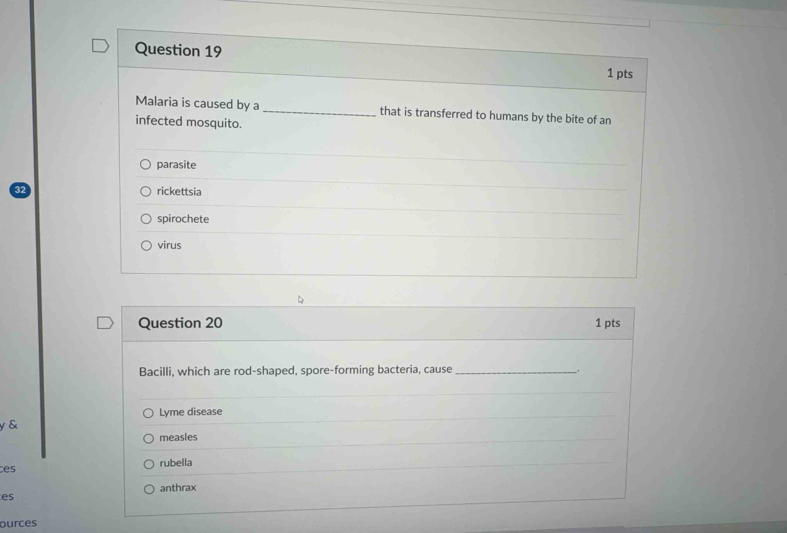 question 19 malaria is caused by a _________ that is transferred to hum…