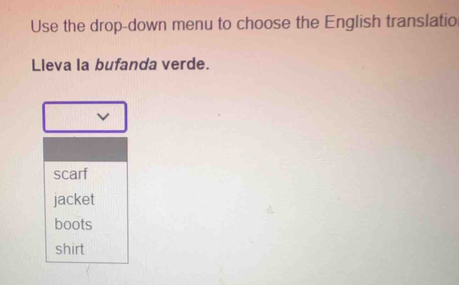 use the drop-down menu to choose the english translation lleva la bufan…
