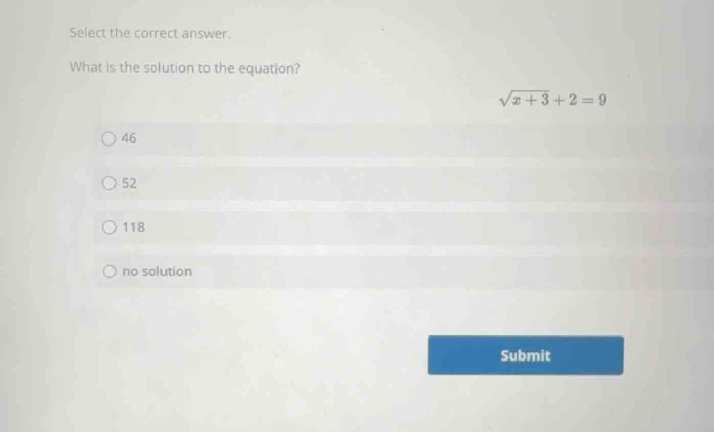 select the correct answer. what is the solution to the equation? \\\\sq…