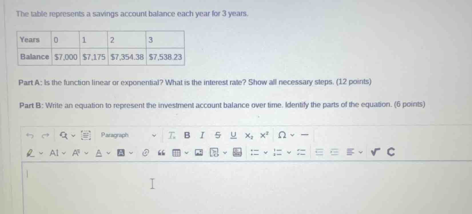 the table represents a savings account balance each year for 3 years. \…