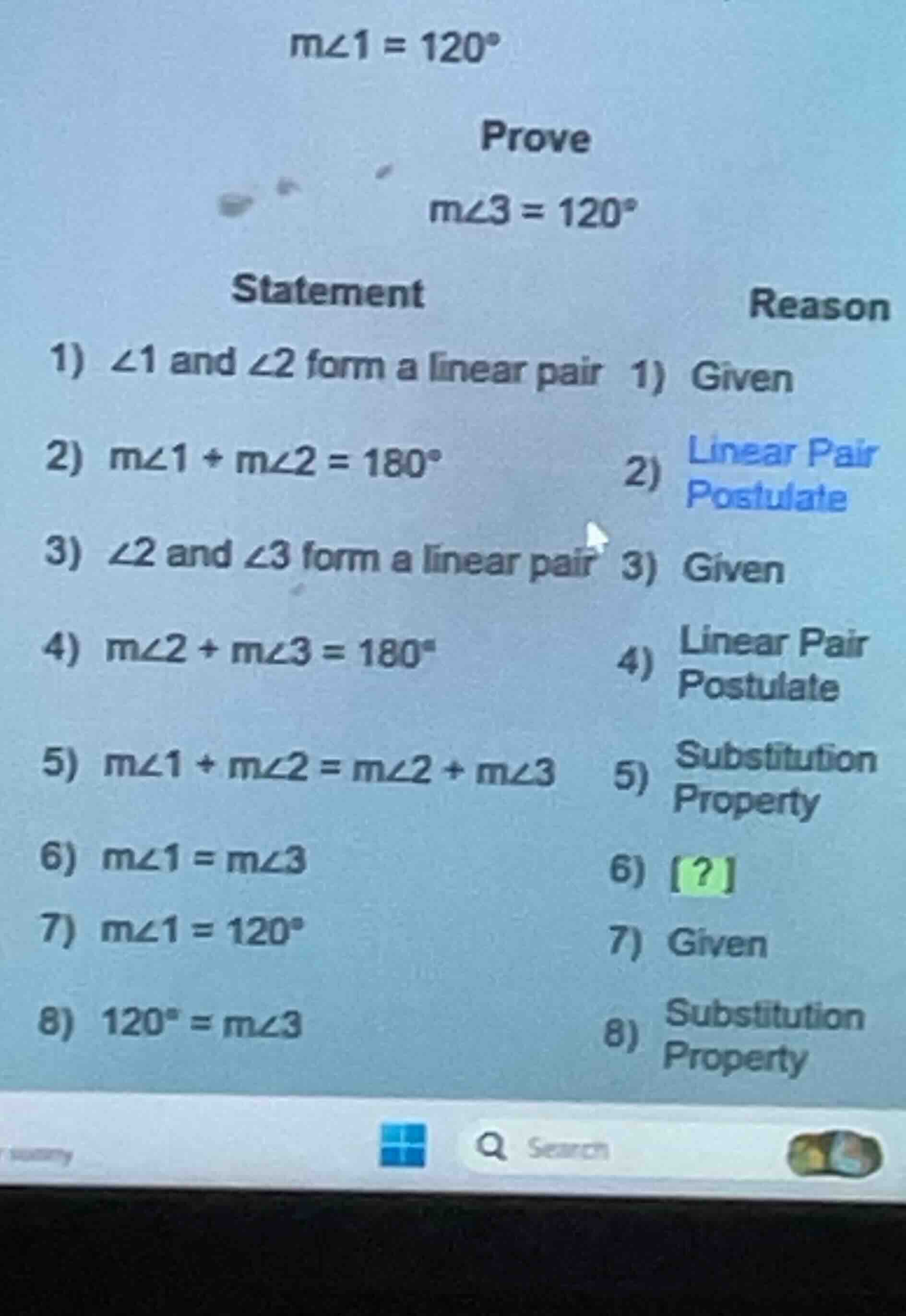 m\\angle 1 = 120^\\circ prove m\\angle 3 = 120^\\circ statement reason …