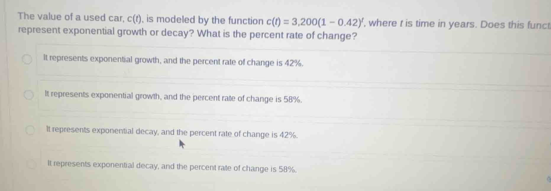 the value of a used car, \\(c(t)\\), is modeled by the function \\(c(t)…