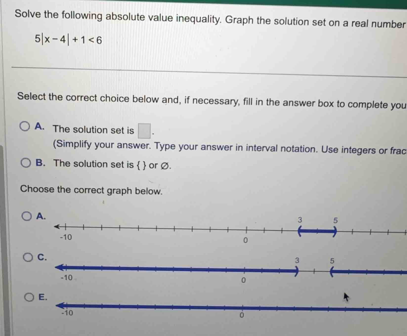 solve the following absolute value inequality. graph the solution set o…