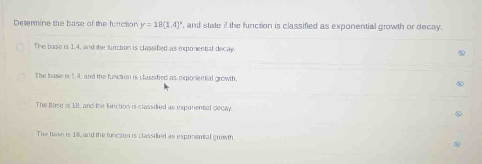 determine the base of the function \\(y = 18(1.4)^x\\), and state if th…