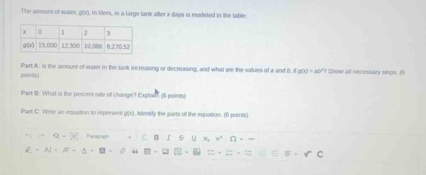 the amount of water, \\(g(x)\\), in liters, in a large tank after \\(x\…