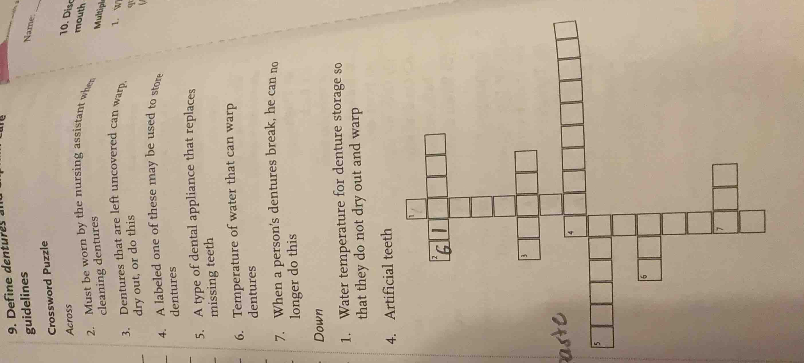 9. define dentures and explain care guidelines crossword puzzle across …