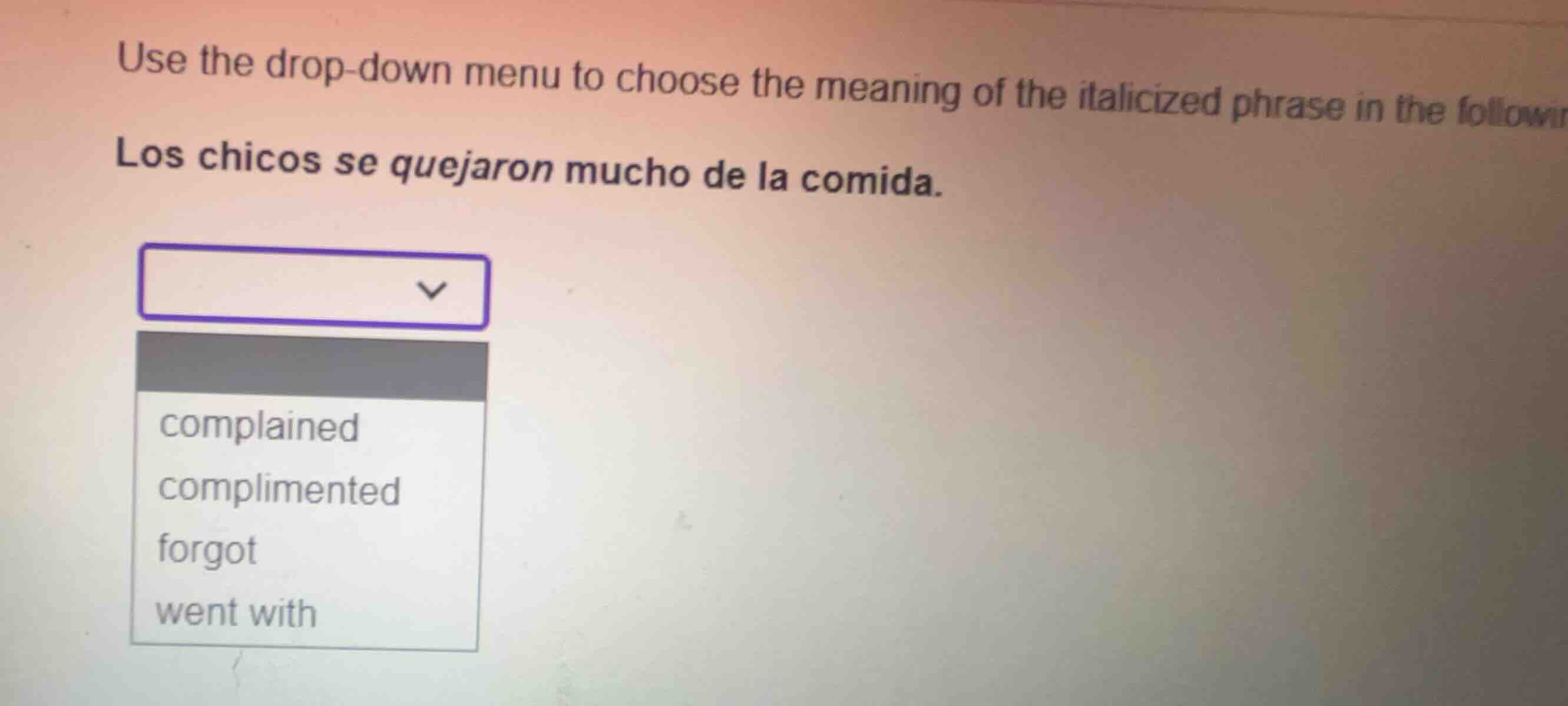 use the drop-down menu to choose the meaning of the italicized phrase i…