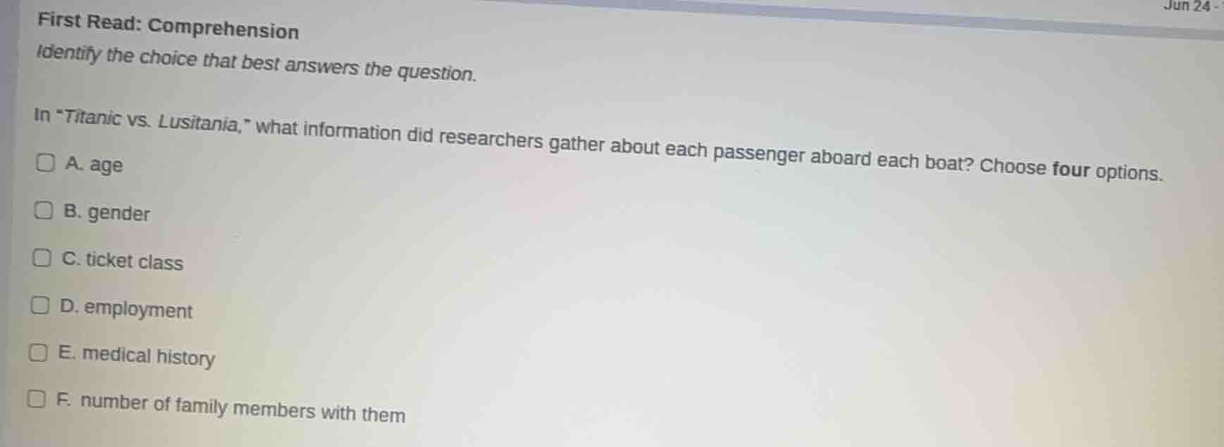 first read: comprehension identify the choice that best answers the que…