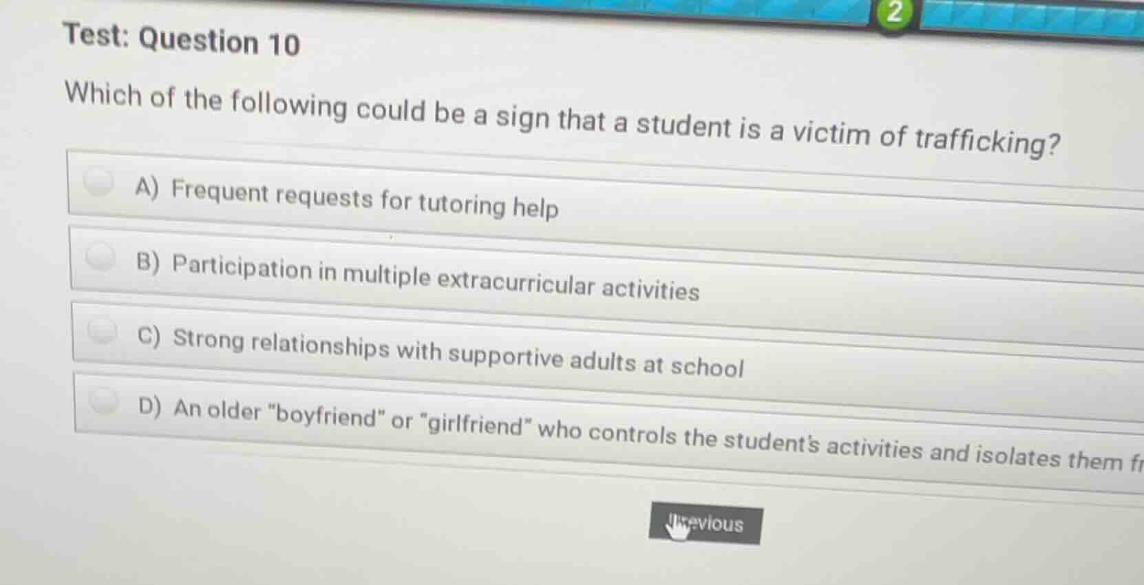 test: question 10 which of the following could be a sign that a student…