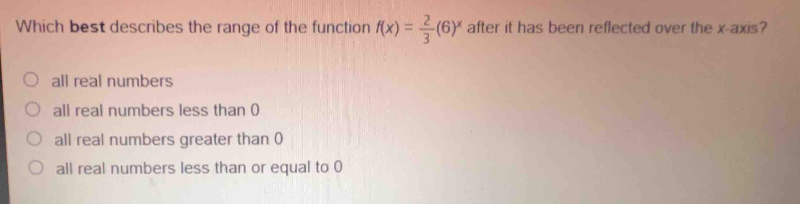 which best describes the range of the function \\(f(x) = \\frac{2}{3}(6…
