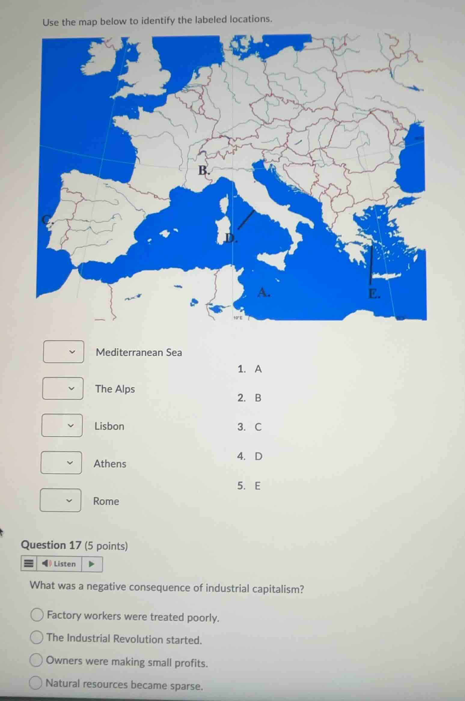use the map below to identify the labeled locations. mediterranean sea …