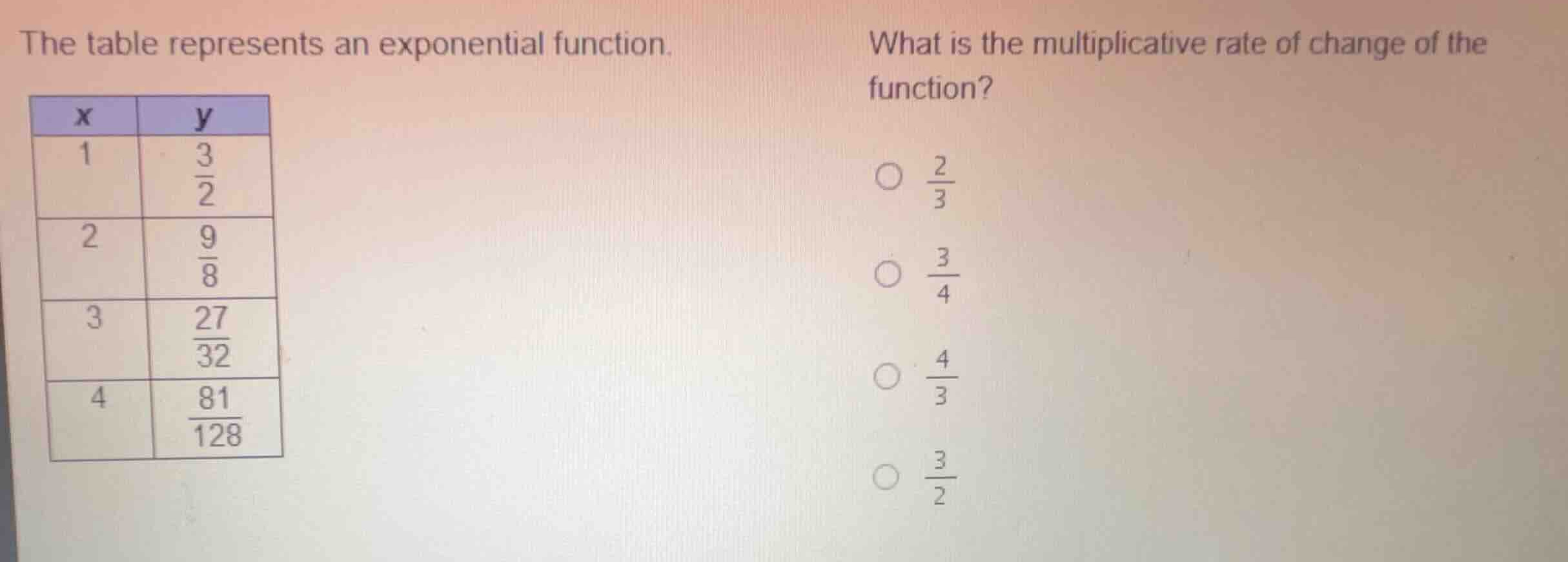 the table represents an exponential function. \\begin{array}{|c|c|} \\h…