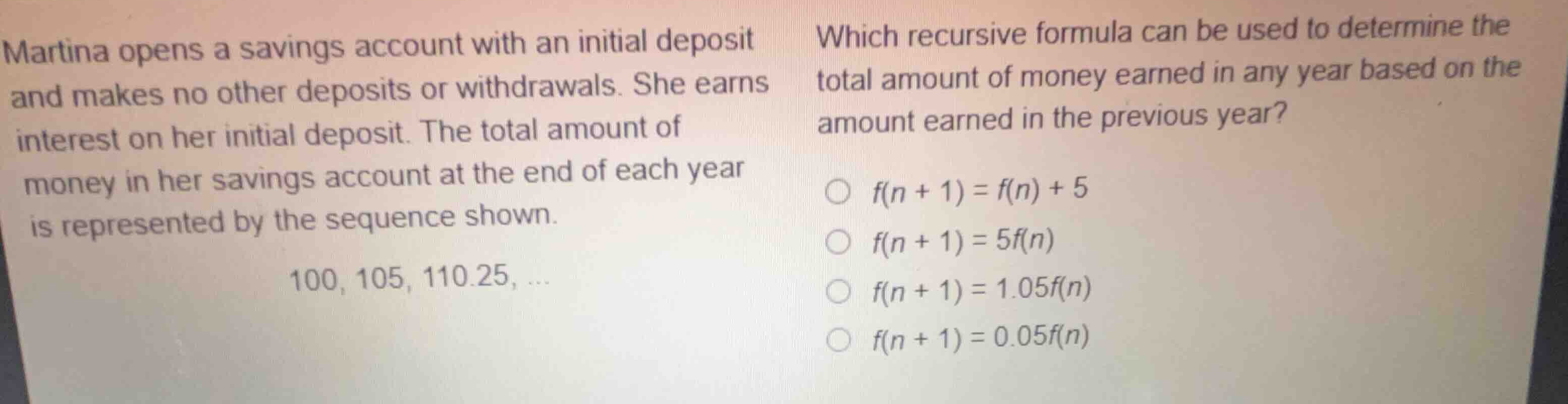 martina opens a savings account with an initial deposit and makes no ot…