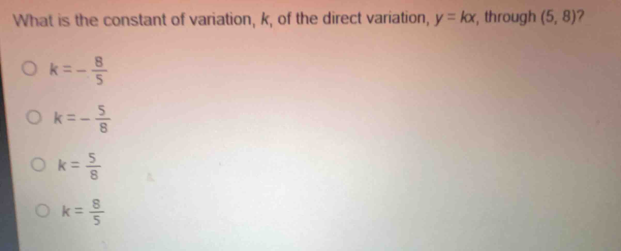what is the constant of variation, k, of the direct variation, \\(y = k…