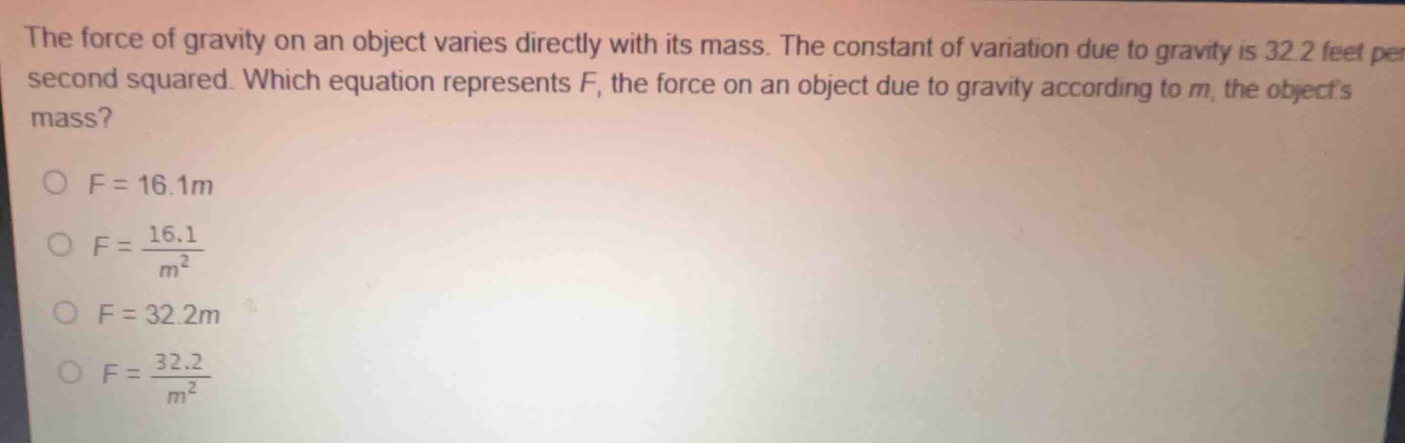 the force of gravity on an object varies directly with its mass. the co…