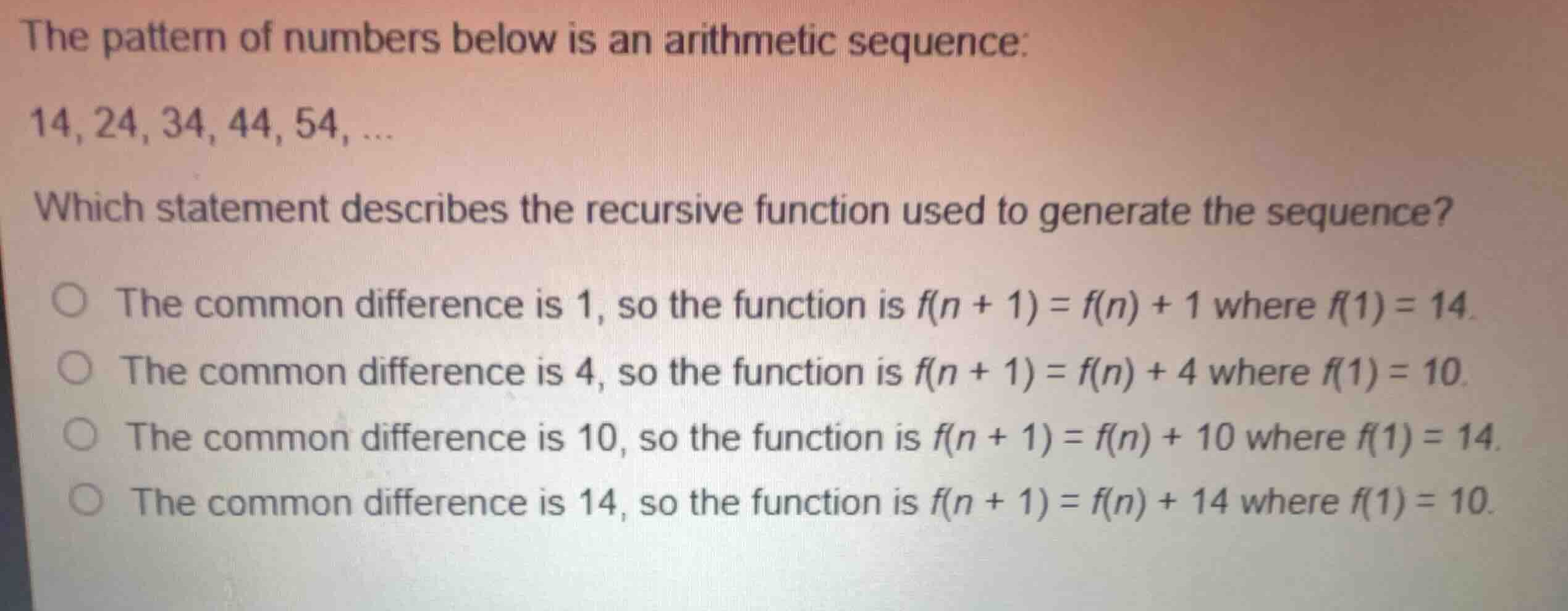 the pattern of numbers below is an arithmetic sequence: (14, 24, 34, 44…