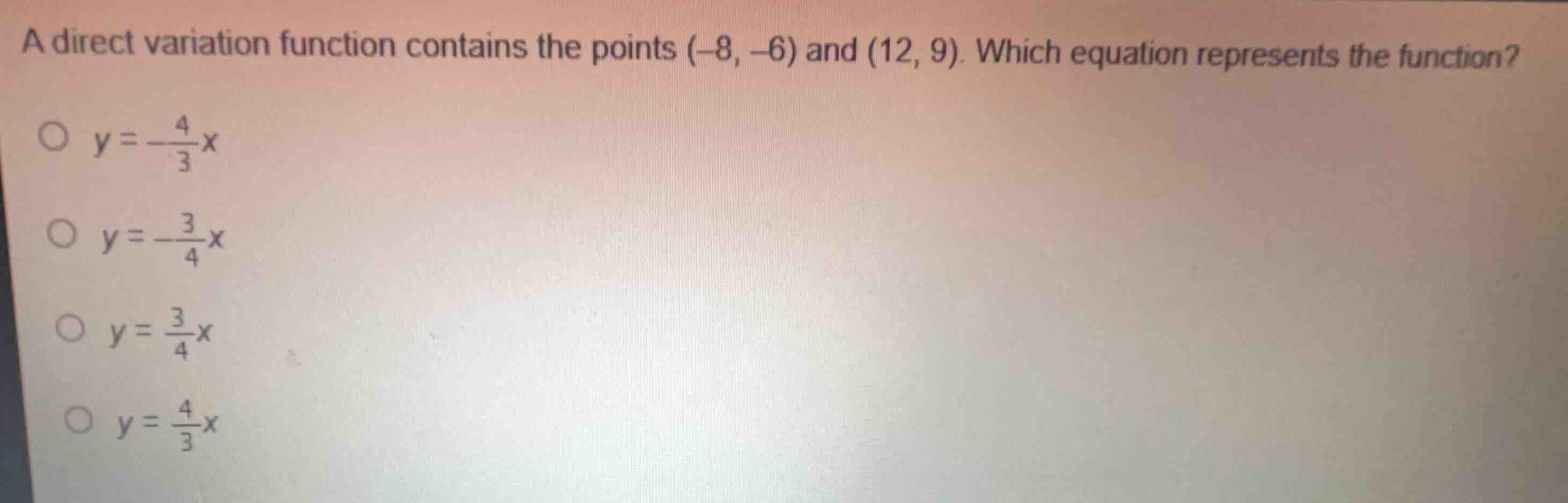 a direct variation function contains the points \\((-8, -6)\\) and \\((…