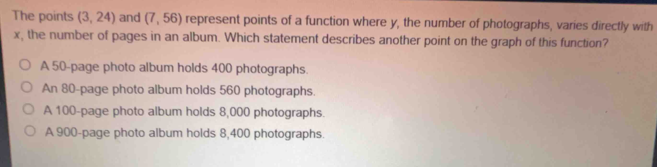 the points \\((3, 24)\\) and \\((7, 56)\\) represent points of a functi…