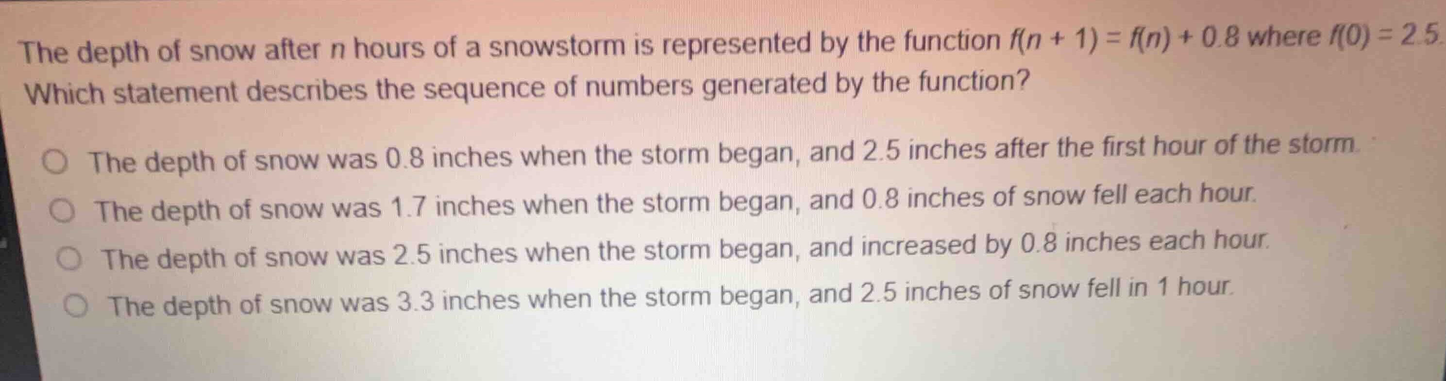 the depth of snow after \\(n\\) hours of a snowstorm is represented by …