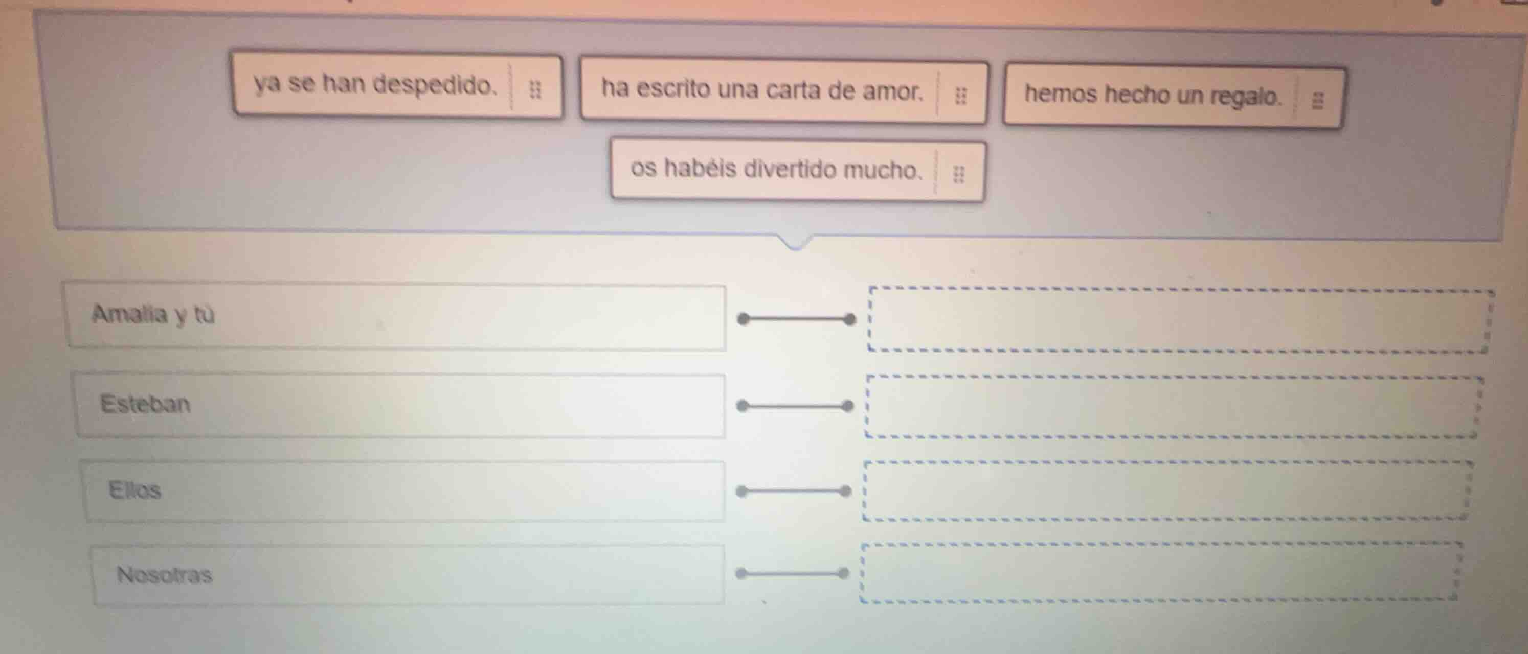 ya se han despedido. ha escrito una carta de amor. hemos hecho un regal…