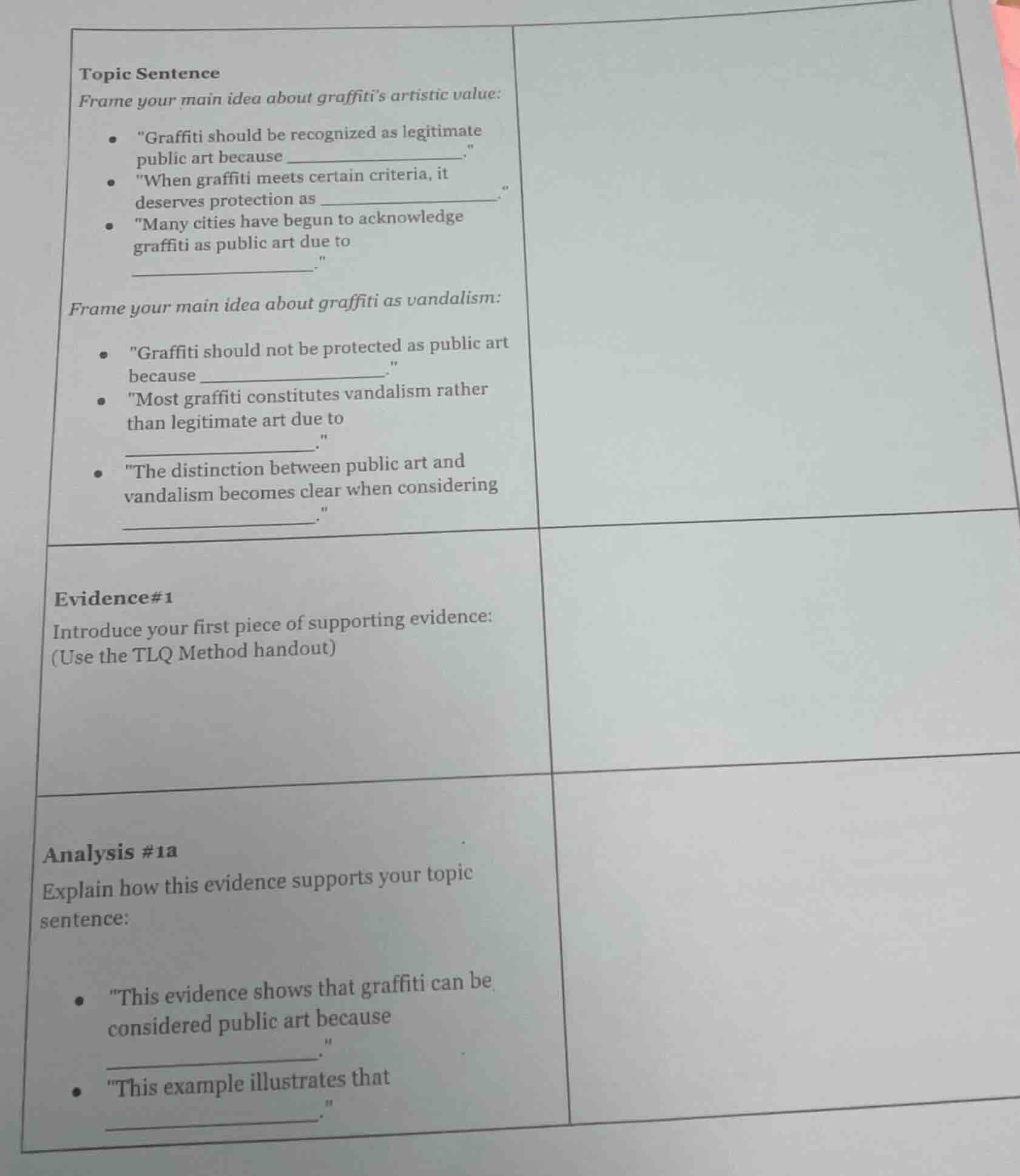 topic sentence frame your main idea about graffitis artistic value: - \…