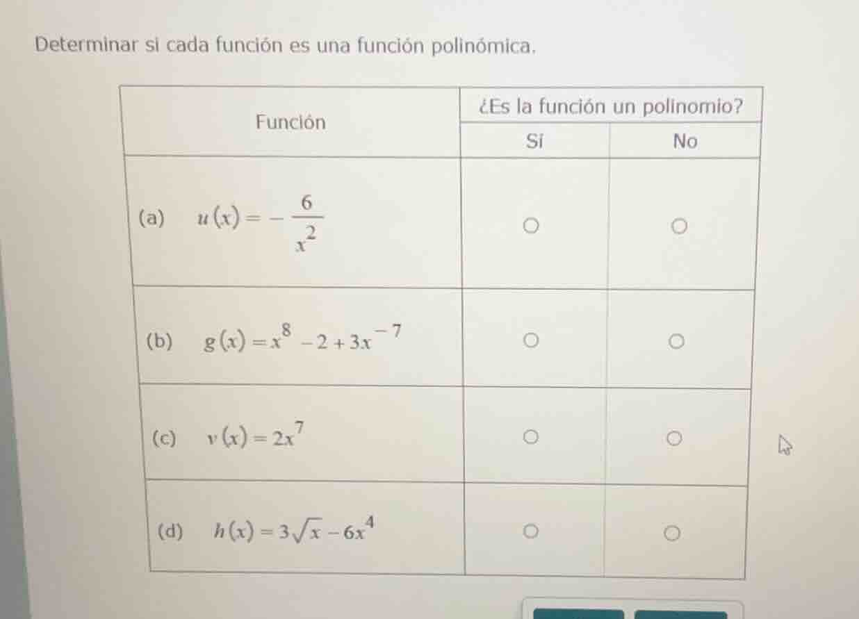 determinar si cada función es una función polinómica. \\begin{tabular}{…