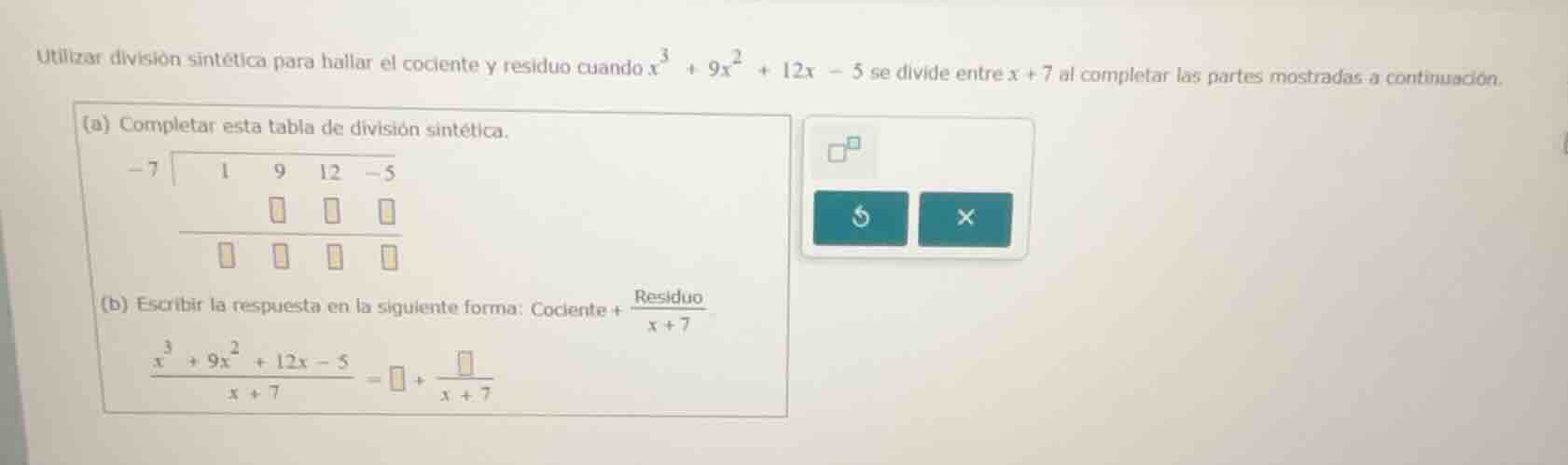 utilizar división sintética para hallar el cociente y residuo cuando \\…