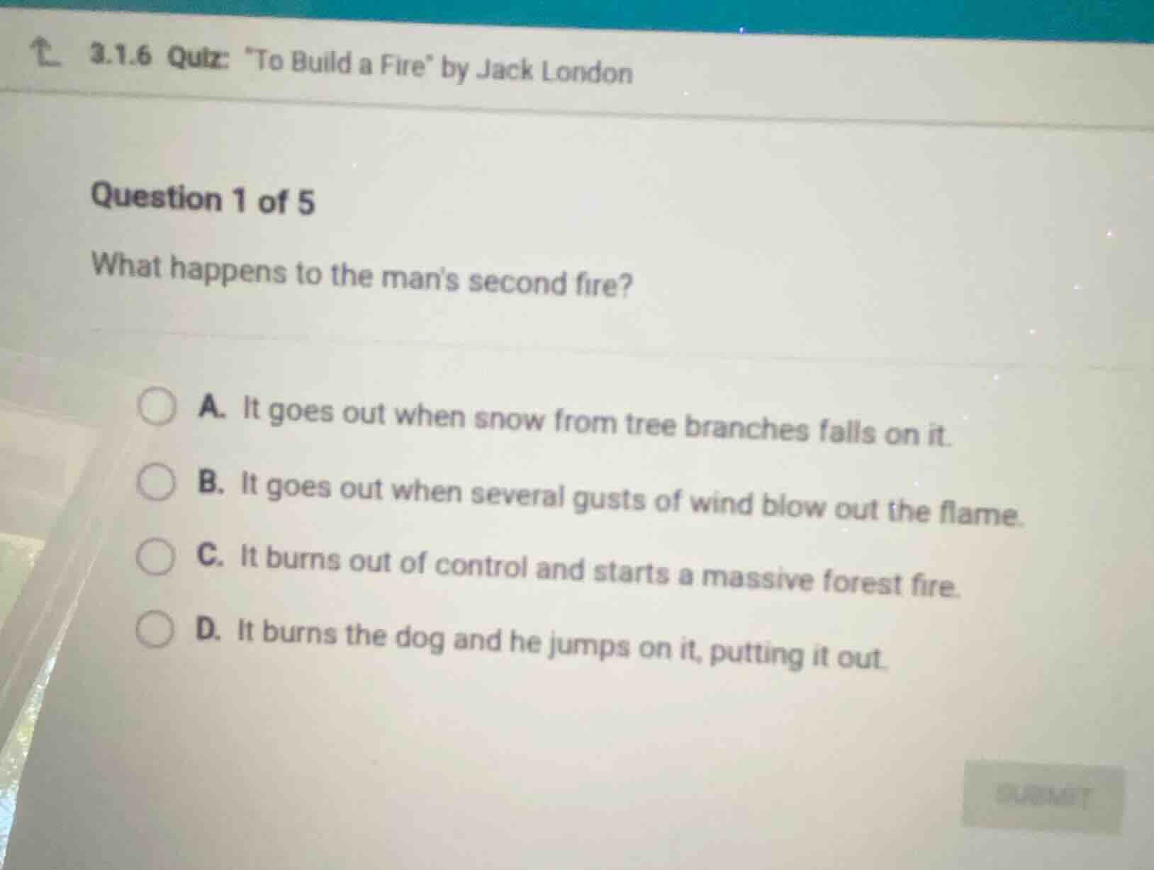 3.1.6 quiz: \to build a fire\ by jack london question 1 of 5 what happe…