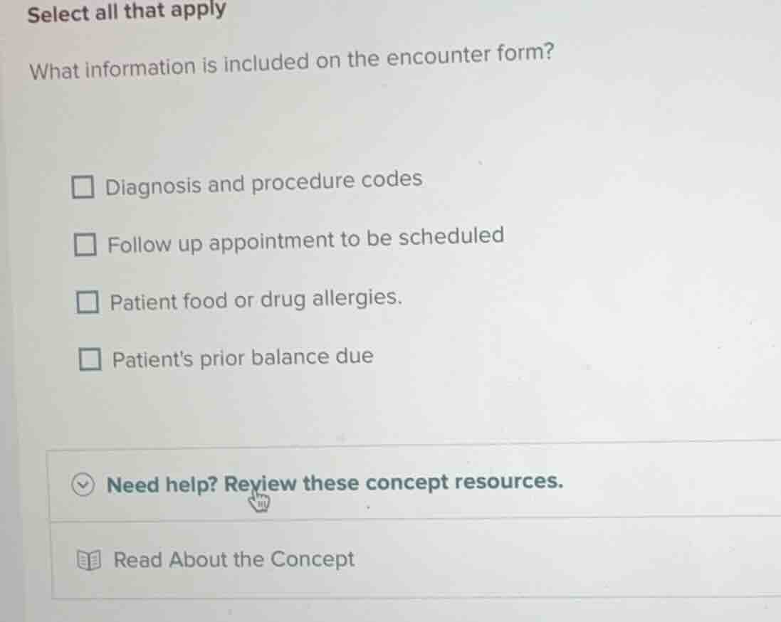 select all that apply what information is included on the encounter for…