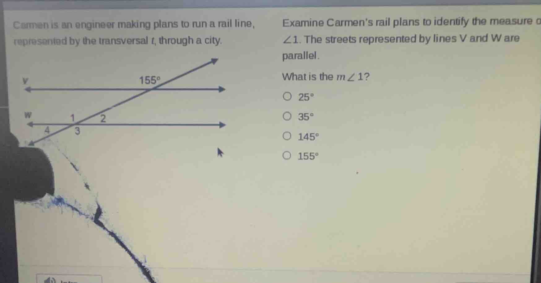carmen is an engineer making plans to run a rail line, represented by t…