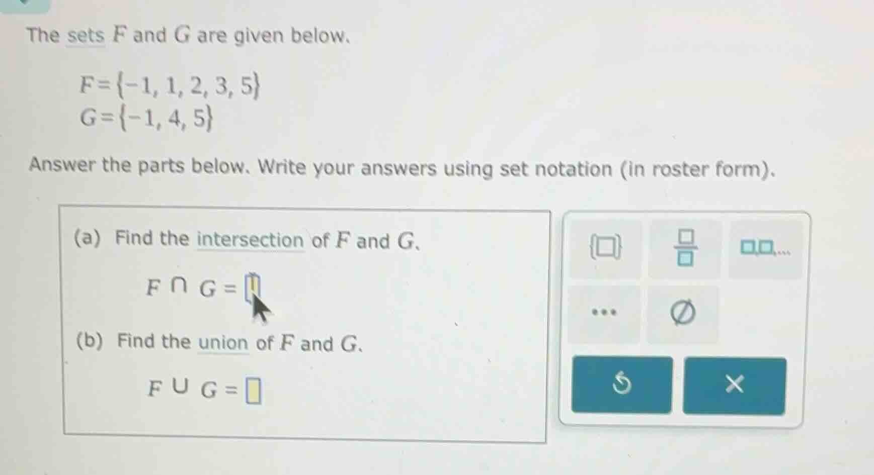 the sets \\(f\\) and \\(g\\) are given below. \\f = \\{-1, 1, 2, 3, 5\\…